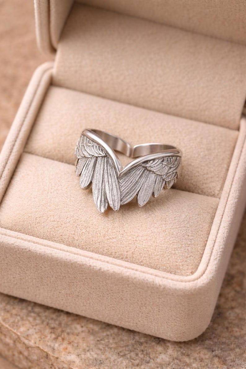 Oxidized Sterling Silver Angel Wings Ring, Feather Statement Biker Jewelry image 3