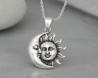 Ciondolo celeste Sole e Luna in argento sterling, collana mistica astrologica ossidata