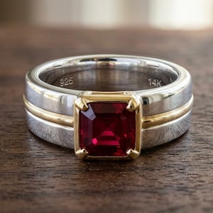 Herrring med smaragdslipad rubin | 14K guld, sterlingsilver i statement-stil