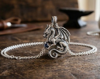Sterling Silver Dragon Pendant, Mythic Guardian Necklace, Antiqued Fantasy Jewelry