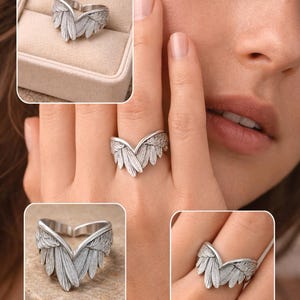 Oxidized Sterling Silver Angel Wings Ring, Feather Statement Biker Jewelry image 5