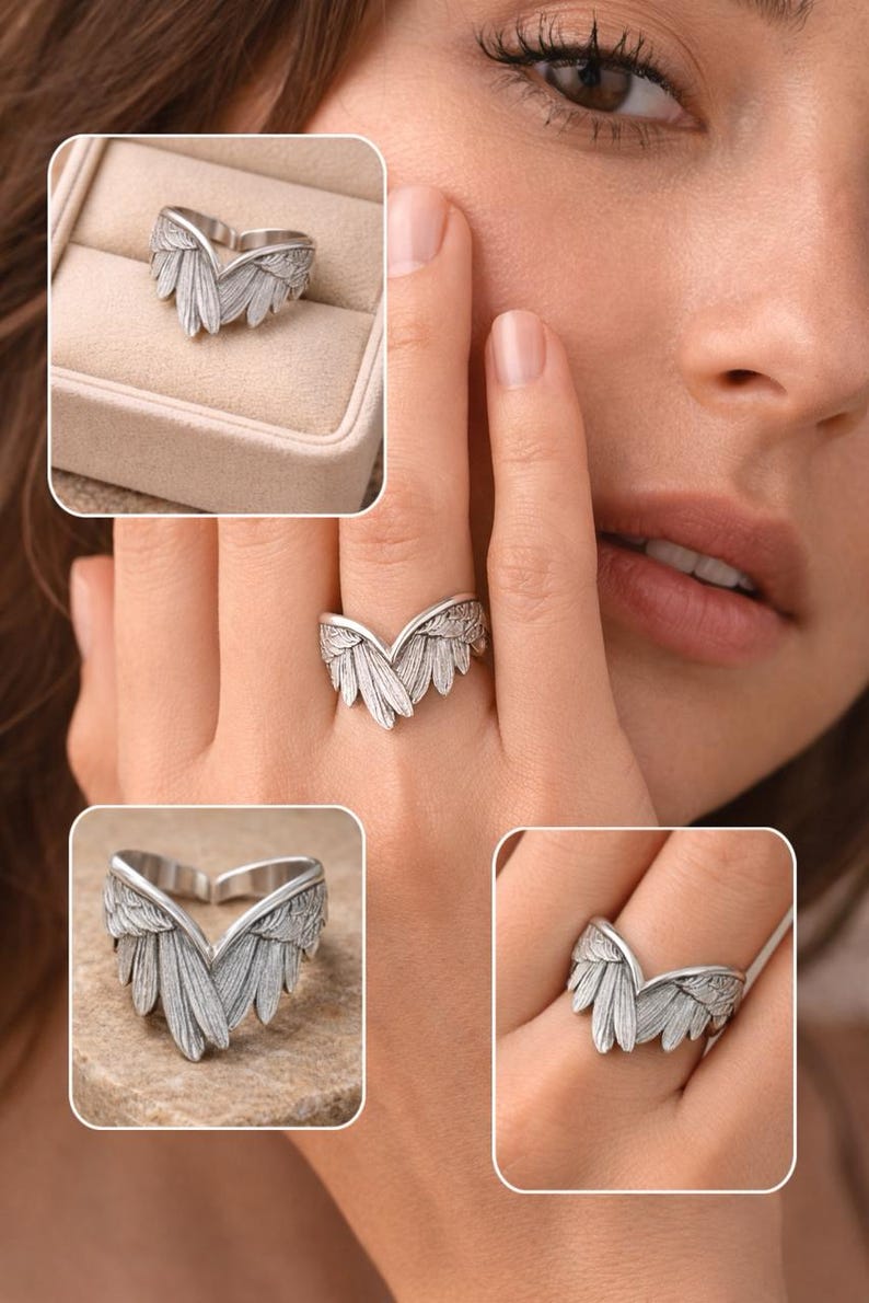 Oxidized Sterling Silver Angel Wings Ring, Feather Statement Biker Jewelry image 5
