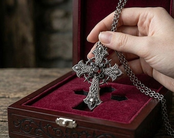 Gothic Skull Cross Pendant, Garnet Silver Filigree Necklace, Victorian Vampire Jewelry