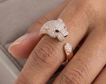 Diamond Panther Wrap Ring, Pave Set, Silver Brass Animal Jewelry