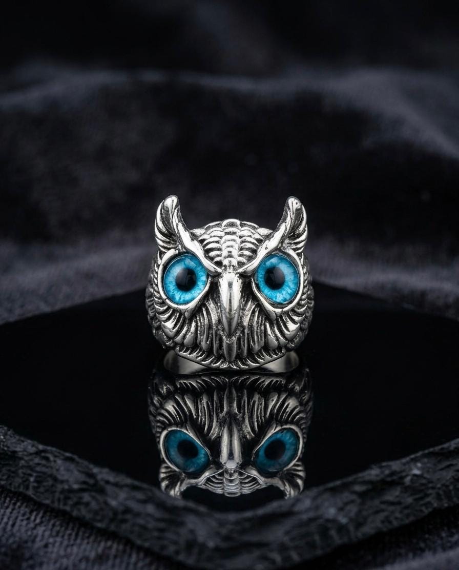 Vintage Silver Owl Ring, Blue Eyes, Gothic Statement Animal Jewelry