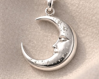Sterling Silver Moon Face Necklace – Celestial Stars Pendant, Minimalist Jewelry