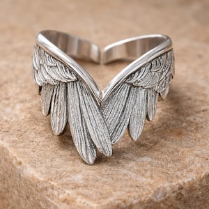 Oxidized Sterling Silver Angel Wings Ring, Feather Statement Biker Jewelry image 1