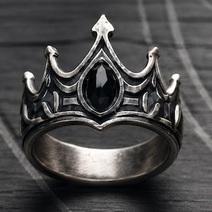 Gothic Crown Ring, Oxidized German Silver Black Onyx, Dark Fantasy Statement Band
