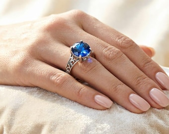 Anello vintage con zaffiro taglio cuscino, anello vistoso in filigrana d'argento sterling, gioiello in stile Art Déco