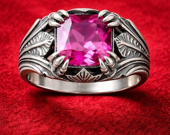 Anello gotico con tormalina rosa, montatura a griffe vittoriana, argento sterling taglio cuscino, dichiarazione di stile dark romantica