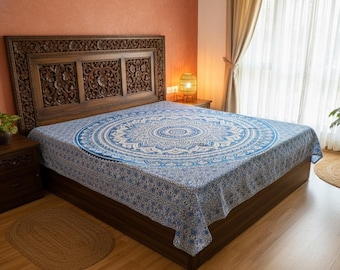 Lenzuolo in cotone con mandala blu – Copriletto boho stampato a mano