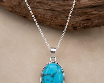 Collana con pendente ovale in turchese autentico, argento sterling, stile boho sud-occidentale