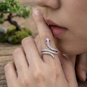 Puede incluir: Un anillo de plata con forma de serpiente con piedras preciosas claras y rojas. La cabeza de la serpiente está en la parte superior del dedo, con el cuerpo envolviéndolo. El anillo está en un dedo.