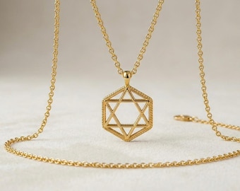Collana con Stella di David geometrica 3D, ciondolo ebraico esagonale, charm di Judaica color oro
