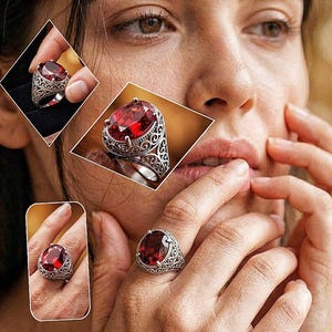 Bague rubis ovale avec pierres précieuses, halo de diamants, bague de cocktail en argent sterling