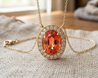 Collana con zaffiro arancione ovale, ciondolo vintage a raggiera, contorno in oro 14 carati, gioielli Art Déco da indossare a strati.