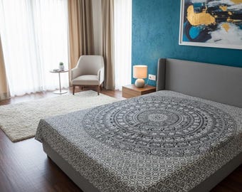 Lenzuolo singolo in cotone con stampa a blocchi di legno a forma di elefante e mandala – Decorazione boho