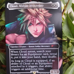 May include: A collectible card featuring Cloud, Midgar Mercenary, a legendary creature. The card art depicts a character with spiky blonde hair and blue eyes. The card has a 2/1 power/toughness and includes game text. The card is from the Final Fantasy VII series.