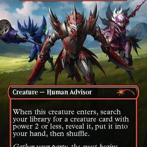 May include: A Bherna Huntmaster trading card featuring a central armored figure in red and silver, flanked by a blue armored character with a large hammer and a purple-clad figure with white hair, with text detailing game rules and abilities.