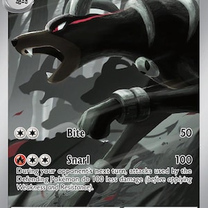 Könnte beinhalten: Eine Pokémon-Sammelkarte mit Houndoom, einem Pokémon vom Typ Finsternis. Die Karte zeigt eine schwarz-graue Illustration von Houndoom mit roten Akzenten. Text beinhaltet "Houndoom", "Bite", "Snarl" und Angriffsdetails. Die Karte hat 120 KP.