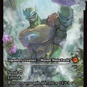 Puede incluir: Una carta coleccionable que muestra a Leonardo, Cutting Edge, una tortuga ninja mutante verde con una máscara azul y una armadura con un emblema de T. El personaje sostiene un cristal morado y un arma grande. El texto incluye Legendary Creature, Sneak y Lifelink.