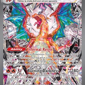 以下が含まれることがあります： 燃えるようなオレンジ色のドラゴンのイラストが描かれた、ポケモン Charizard exカード。カードには「Infernal Reign」と「Burning Darkness」の文字が記載されています。カードのHPは330で、ステージ2進化です。