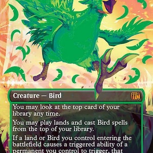 May include: A green Chocobo creature card titled Traveling Chocobo with a cost of 2 and a green mana symbol. The illustration shows a vibrant green bird leaping amidst floating green feathers against a warm, glowing orange and yellow background.
