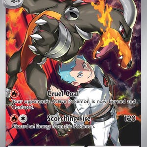 Könnte beinhalten: Eine Pokémon-Sammelkarte mit Team Rocket's Houndoom, einem dunklen, hundeartigen Wesen mit Flammen. Die Karte enthält Text, der Angriffe und Fähigkeiten beschreibt, und einen Charakter in weißer und schwarzer Uniform. Die Karte hat 130 KP.