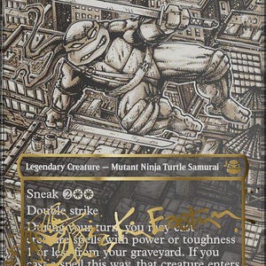 May include: A collectible trading card titled Leonardo, Sewer Samurai featuring a black and white ink-style illustration of a turtle warrior with two swords over a city rooftop background. The card includes gold foil text, a signature, and game stats.