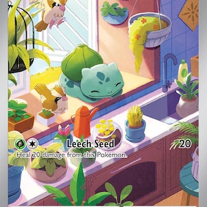 May include: A Bulbasaur Pokémon trading card featuring a green Bulbasaur character with a large bulb on its back. The card has a colorful illustration of a kitchen scene with plants and the text "Leech Seed". The card has a HP of 70.