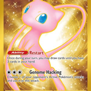 May include: A gold-colored Mew ex trading card featuring a pink Mew character with blue eyes. The card displays the Ability Restart, the attack Genome Hacking, 180 HP, and the text 205/165. The background is a shimmering gold with star-like sparkles.