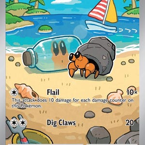 May include: A Dwebble Pokémon trading card featuring a beach scene with a sailboat, palm trees, and a hermit crab. The card includes the text "Flail" and "Dig Claws", with damage values.