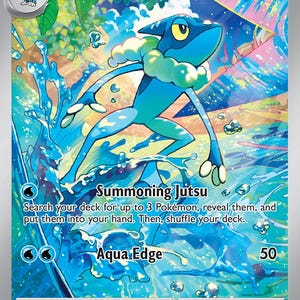 May include: A Pokémon trading card featuring Frogadier, a blue frog-like creature, with the text "Frogadier" and "Summoning Jutsu". The card has a blue and white watery background and the HP is 100.