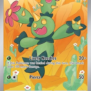 Peut inclure: Une carte à collectionner Maractus représentant une créature verte ressemblant à un cactus avec des fleurs roses et des épines jaunes. La carte affiche 100 PV, les attaques Lively Needles et Pierce, ainsi qu'un texte décrivant son comportement.