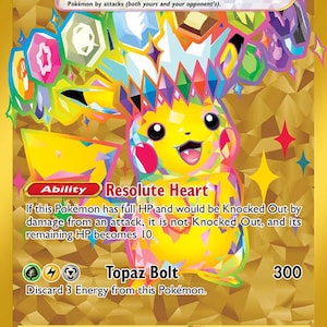 Op de afbeelding: Een goudkleurige Pikachu ex ruilkaart met een kristallijne, veelkleurige Pikachu die een grote, met edelstenen bezette kroon draagt. De kaart toont 200 HP, de Resolute Heart-vaardigheid en de Topaz Bolt-aanval met 300 schade op een getextureerde gouden achtergrond.