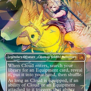 May include: A collectible trading card titled Cloud, Midgar Mercenary featuring a spiky-haired character riding a large yellow bird. The card displays game text, a power and toughness of 2/1, and the text Cloud, Midgar Mercenary at the top.
