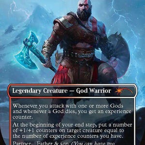 Op de afbeelding: Een Magic: The Gathering kaart met Kratos, Stoic Father. De kaart toont een gespierde, kale krijger met een baard, die een gloeiende blauwe bijl vasthoudt. De tekst bevat "Legendary Creature - God Warrior" en spelinstructies.