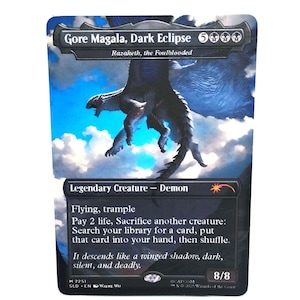 May include: A collectible trading card featuring the creature Gore Magala, Dark Eclipse. The card depicts a dark, winged demon against a cloudy sky. Text includes creature abilities and flavor text. The card is labeled as a Legendary Creature - Demon.