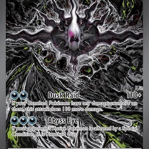 May include: A Mega Darkrai EX trading card with 280 HP, featuring a dark, swirling abstract background with green accents. The card displays the attacks Dusk Raid and Abyss Eye, along with the Mega Evolution ex rule and illustrator credit.