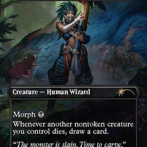 May include: A collectible trading card titled Nargacuga Stalker, featuring a Human Wizard creature illustration. The card displays the text Morph, a triggered ability, and the flavour text, The monster is slain. Time to carve. It has a 3/2 power and toughness rating.