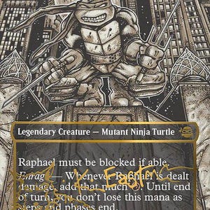 May include: A collectible trading card titled Raphael, Ninja Destroyer featuring a black and white illustration of a turtle character holding two sai weapons against a city skyline. The card includes game text, a 4/4 power and toughness, and a gold signature.