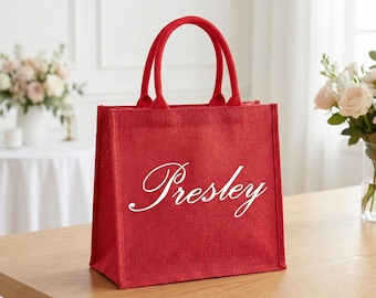 Personalized Red Burlap Tote Bag, Custom Name Wedding Bags, Bachelorette Party,Bridesmaid Gift