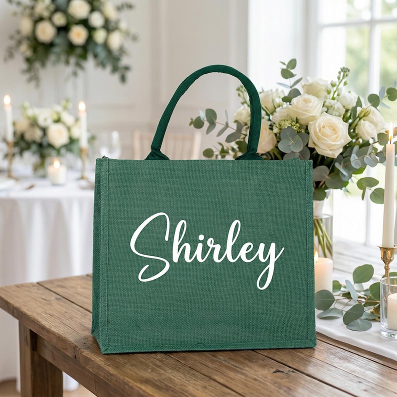 May include: A green tote bag with the name "Shirley" in white script. The bag has a rectangular shape with a handle and is sitting on a wooden table. The background includes flowers and candles.