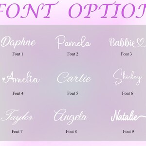 May include: An image showcasing nine font choices for text. The words "FONT OPTION" are in a purple cursive font. Each font option features a name in white cursive, with the font number beneath it.