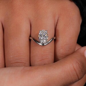 Oval Diamond Engagement Ring with Curved Wishbone Band, Minimalist 14k White Gold Ring, Chevron Solitaire Promise Ring for Her