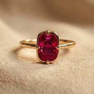 May include: A gold ring featuring a central cushion-cut vibrant red gemstone held by four prongs. The band is thin and polished, showcasing a classic design that highlights the deep crimson color and faceted clarity of the stone in the center.