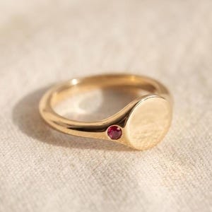 May include: A gold ring featuring a smooth, circular flat top and a single, small, round, vibrant red gemstone set into the band just below the circular face. The metal has a polished, reflective finish that catches the light.