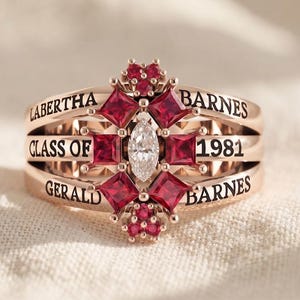 Vintage Class Ring For Women | Custom Red Ruby Gemstone Ring | Personalized 2027 Graduation Jewelry | Engraved Name Family Ring