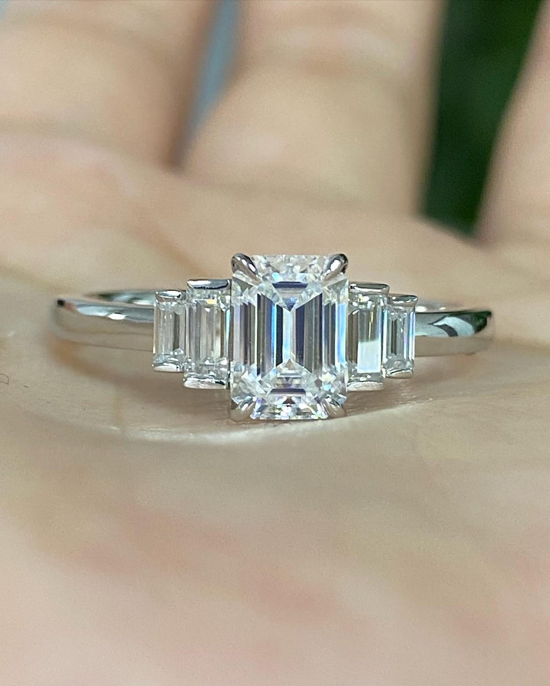 Step Cut Riing Emerald Cut Diamond Engagement Ring, Art Deco 5 Stone Anniversary Ring ...