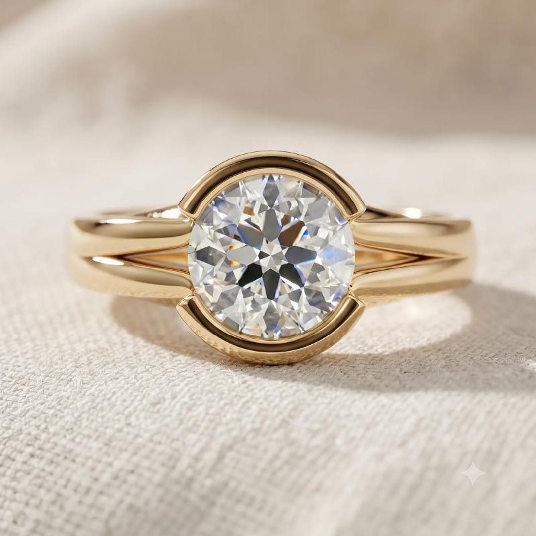 Round Cut Moissanite Bezel Engagement Ring, Solitaire Split Shank Gold ...